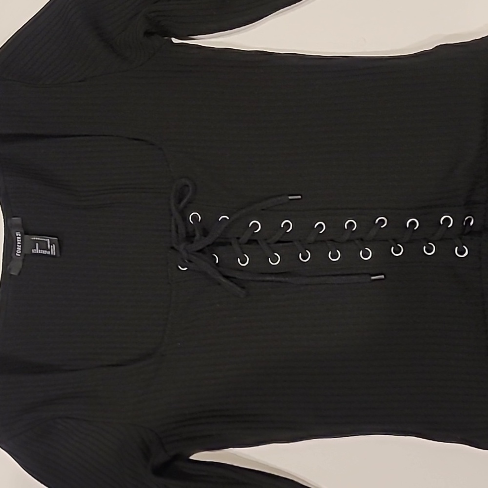 Forever 21 Lace Up Ribbed Bodysuit Top Black Large - Picture 5 of 12